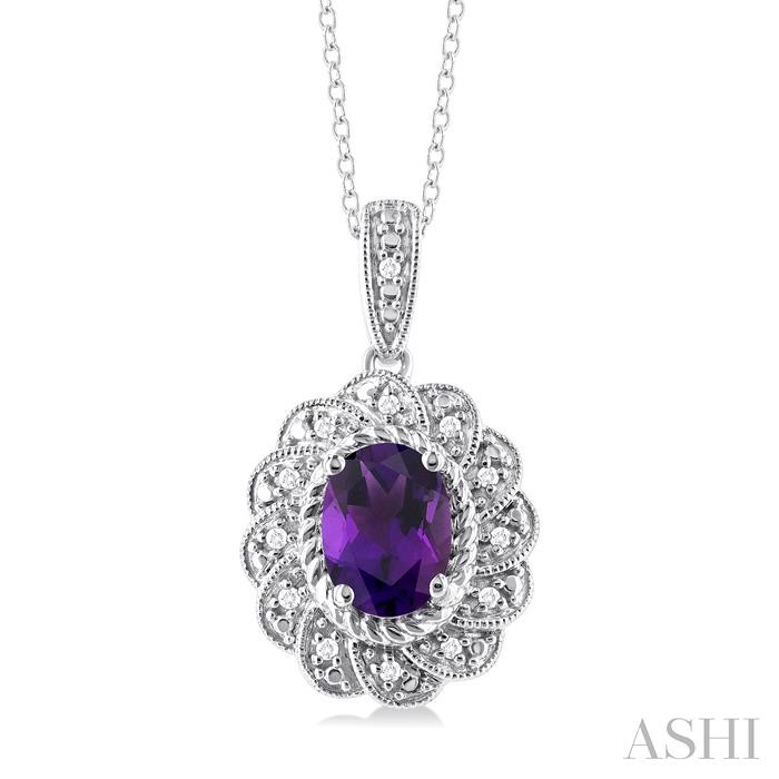 SILVER OVAL SHAPE GEMSTONE & DIAMOND PENDANT