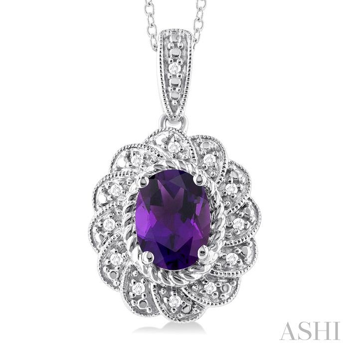 Silver Oval Shape Gemstone & Diamond Pendant-3