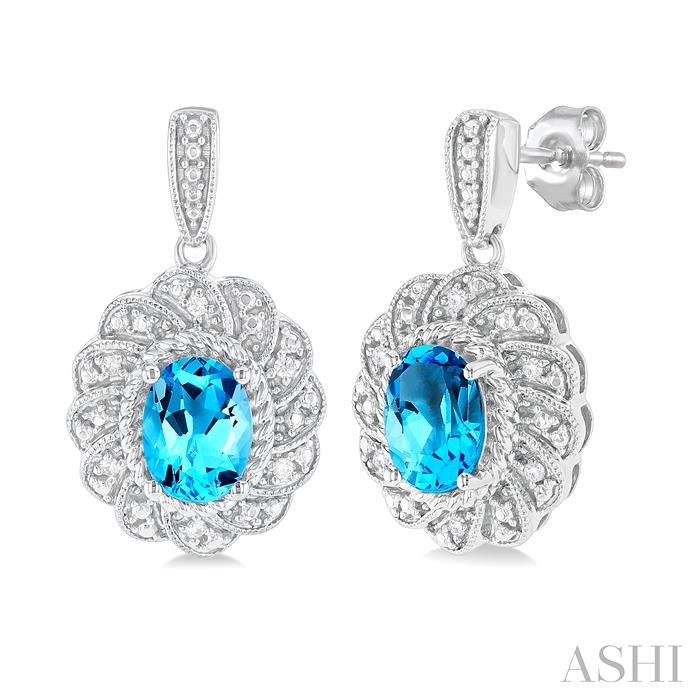 SILVER OVAL SHAPE GEMSTONE & DIAMOND EARRINGS