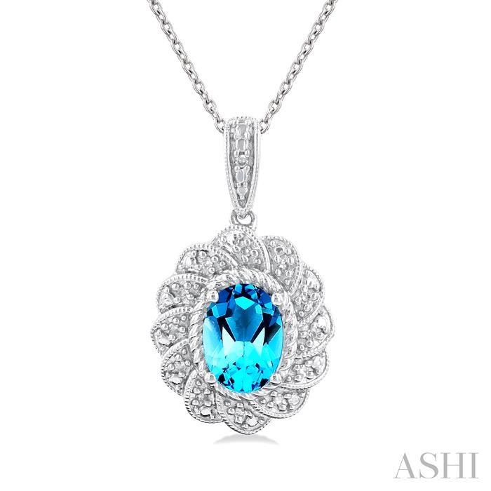 SILVER OVAL SHAPE GEMSTONE & DIAMOND PENDANT