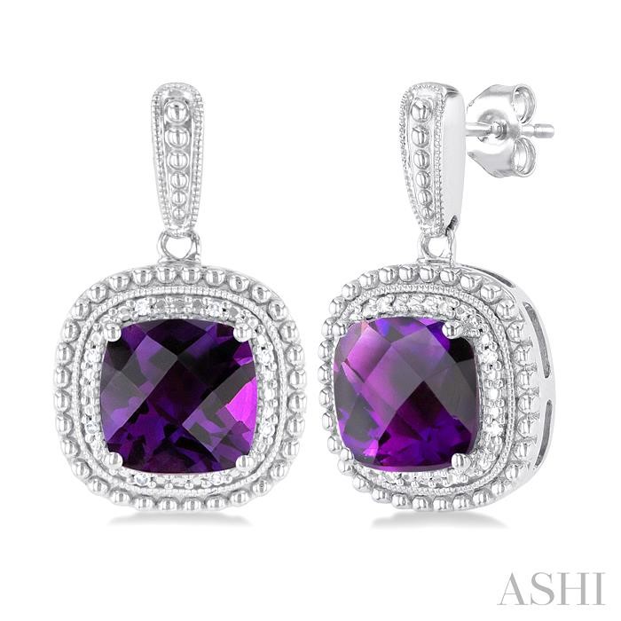 SILVER CUSHION SHAPE GEMSTONE & DIAMOND EARRINGS