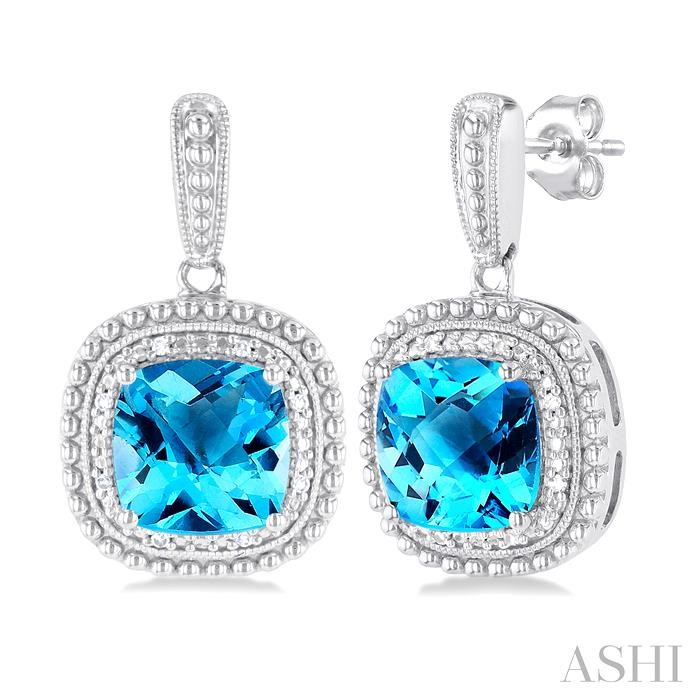 SILVER CUSHION SHAPE GEMSTONE & DIAMOND EARRINGS